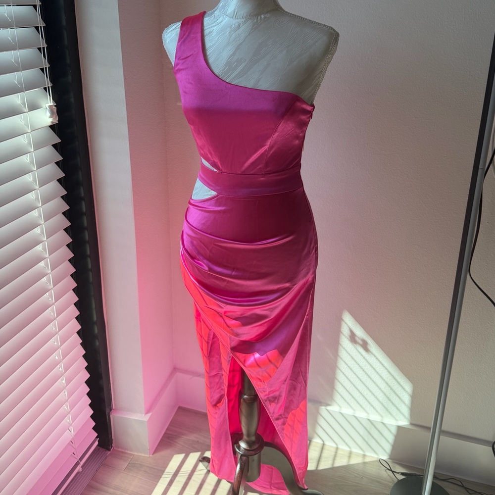 NWT Asymmetric One-Shoulder Satin Dress in Hot Pink